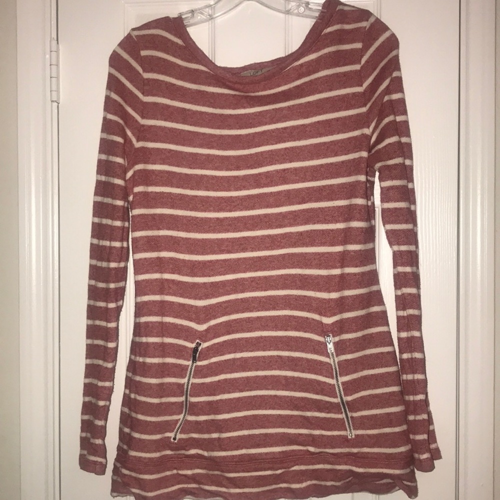 Loft lounge strip sweatshirt with zipper pockets.